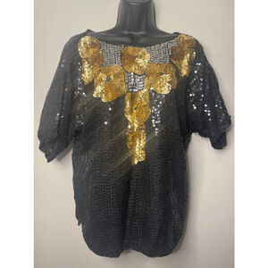 Luxury Vintage Pure Silk Top, Size Small, Heavily Sequined Black and Gold
